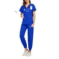 thumbnail image 2 of DENGDENG Nurse Scrubs for Women Set Casual Stretch Short Sleeve V-Neck Scrub Top & Jogger Pants Summer Breathable Soft Nursing Uniforms Scrubs Sets with Pockets Royal Blue M, 2 of 5