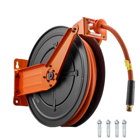 KFFKFF Retractable Air Hose Reel, 1/2 Inch x 50 FT Rubber Hose, 300 PSI Max Pressure, Auto Rewind Compressor Hose Reel with 5 ft Lead-In, Wall/Ceiling Mount, Durable Steel Double Arm
