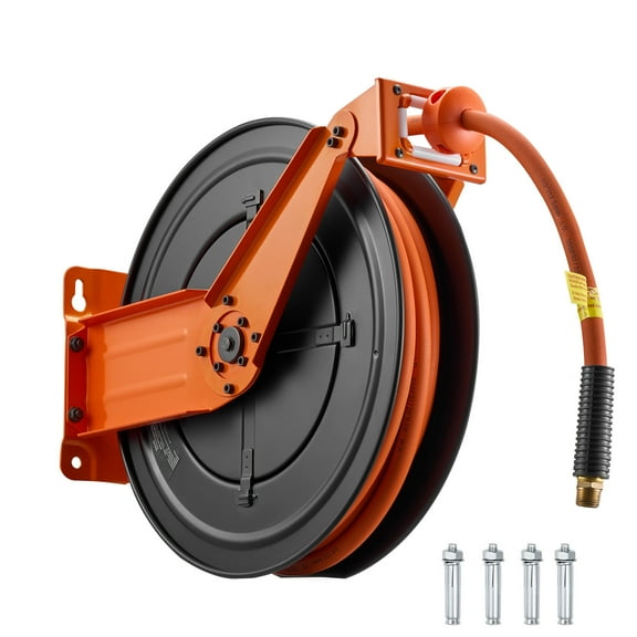 KFFKFF Retractable Air Hose Reel, 1/2 Inch x 50 FT Rubber Hose, 300 PSI Max Pressure, Auto Rewind Compressor Hose Reel with 5 ft Lead-In, Wall/Ceiling Mount, Durable Steel Double Arm