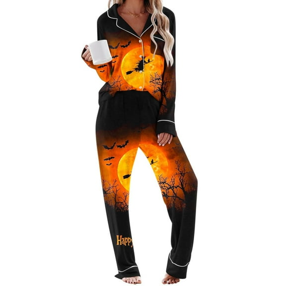 Hvot&aat Halloween Pajama Sets for Women Funny Cute Ghost Pumpkin Print Button Down Shirts Trousers Lounge 2 Piece
