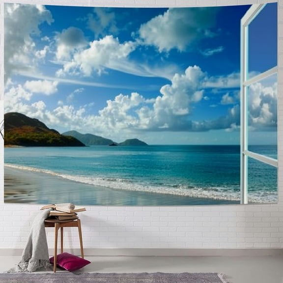 PRATYUS Ocean Tapestry Wall Hanging, Blue Sky Beach Nature Landscape Tapestry Cloud Sea Coastal Horizon View Tapestry, Scenic Window Tapestries for Bedroom Living Room Home Decor Painting