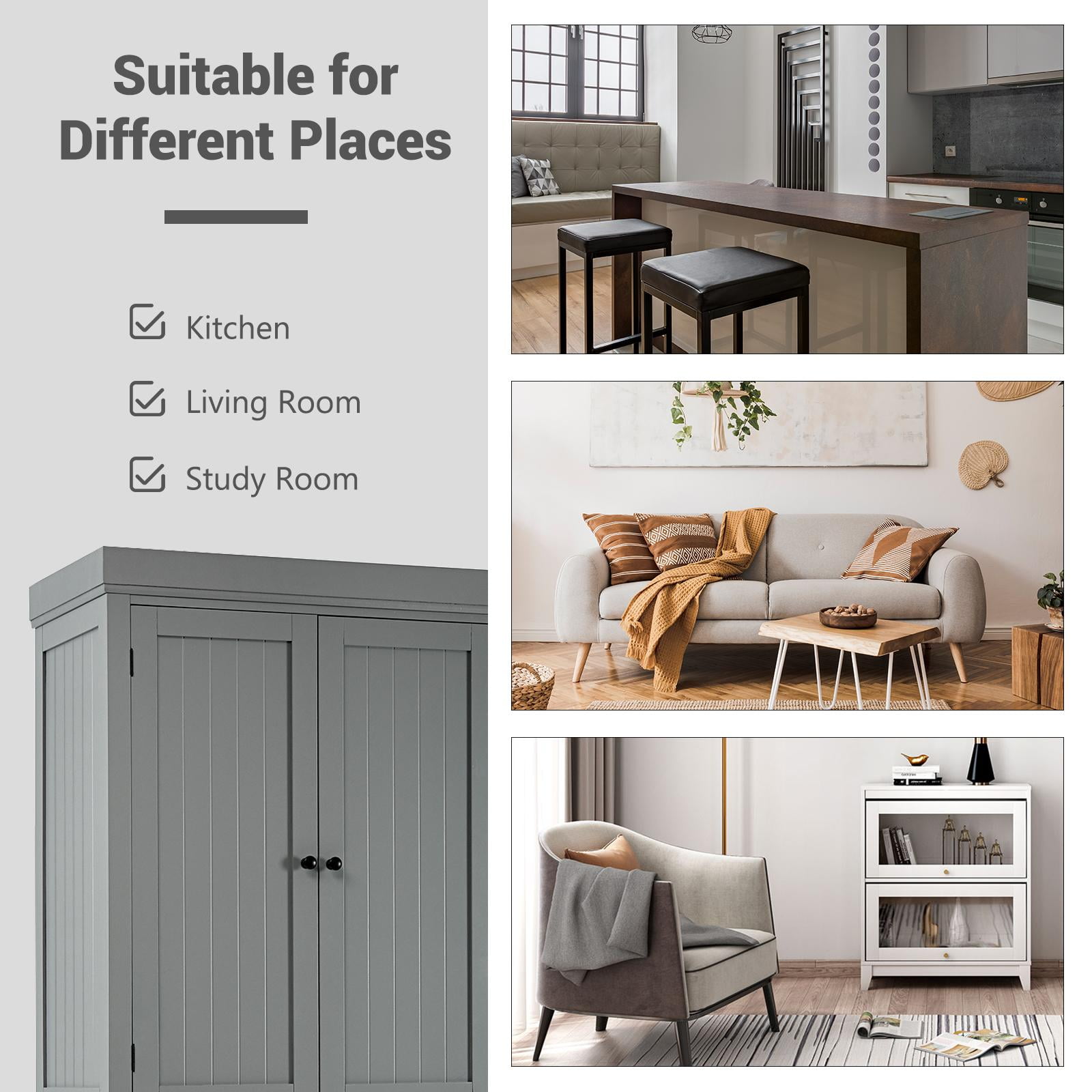 Giantex Kitchen Pantry Cabinet, Freestanding Adjustable Cabinet w/Doors for Dining Room, Living Room or Bedroom, Grey