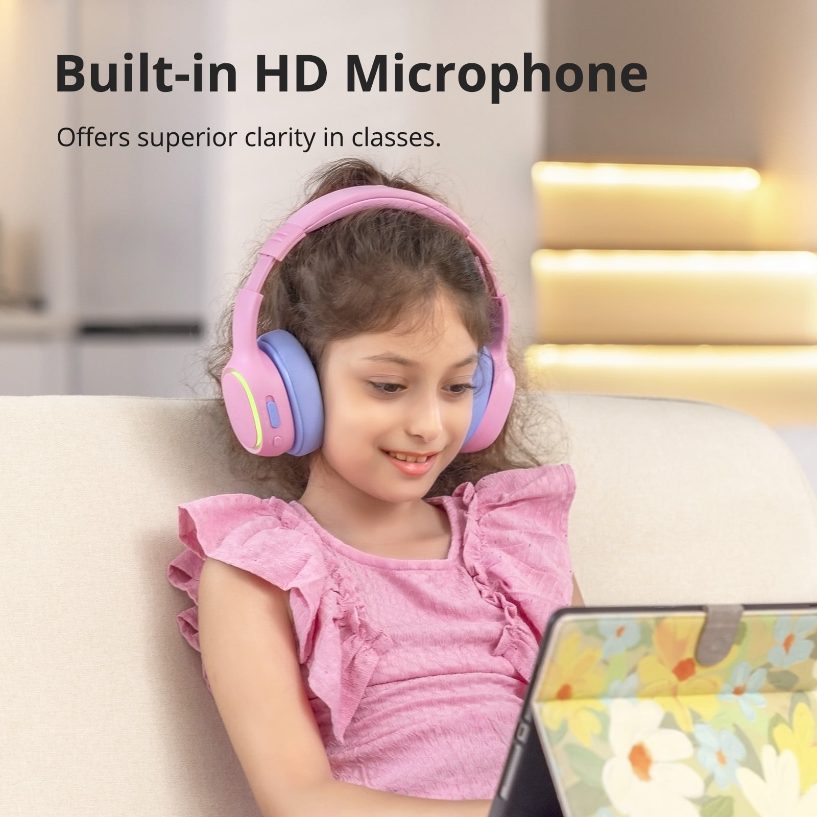 TRONSMART KH03 Children's Bluetooth Headphones, Safe Volume Control, Noise Reduction, Wireless Headphones with Light and Microphone, 70 Hours Playtime, Suitable for School/Travel/Airplane