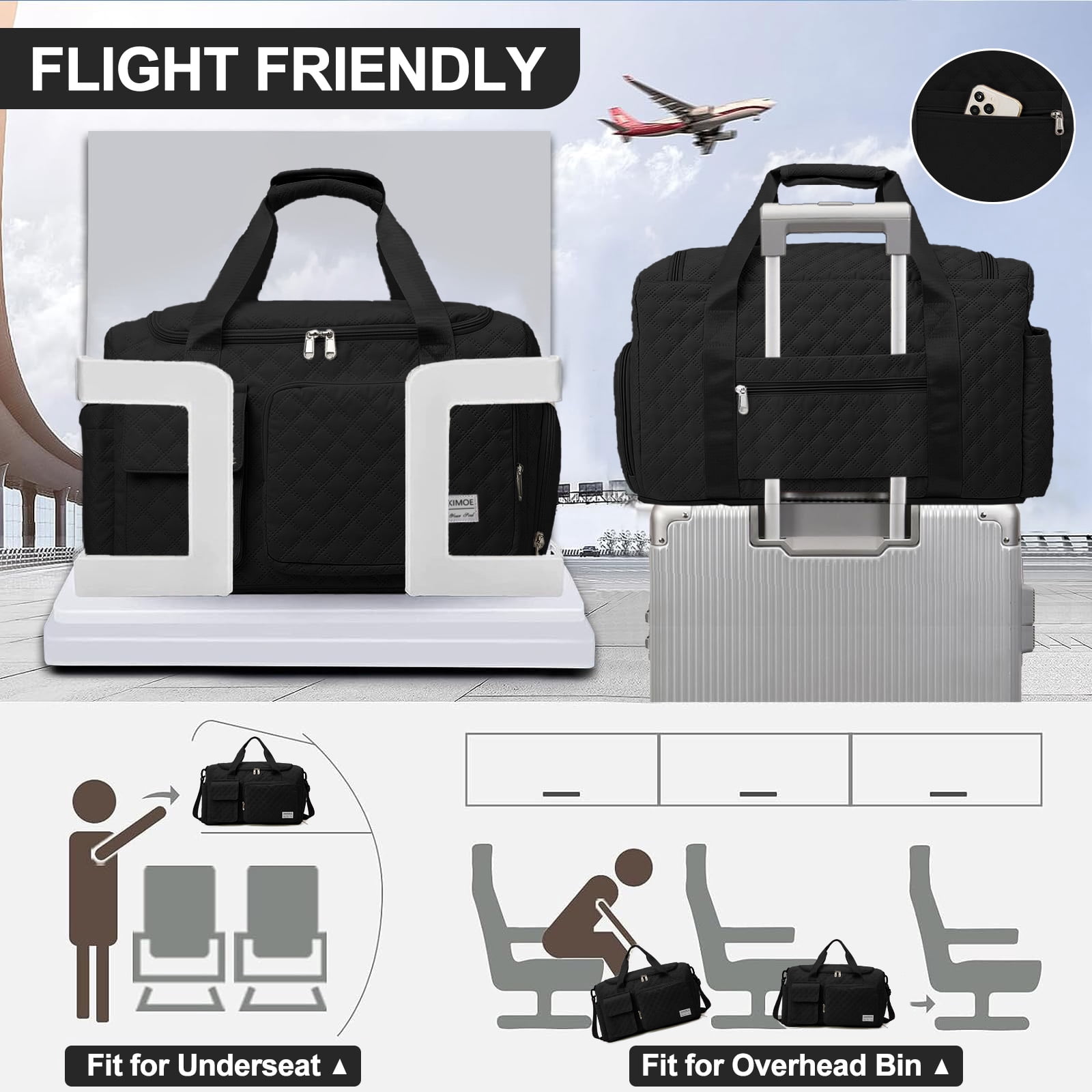 DAKIMOE Travel Duffle Bag for Women Men, Weekender Overnight Bags Carry on Gym Bag with Wet Pocket/Adjustable Strap/Shoe Compartment, Foldable Waterproof Duffel Tote for Plane Sports Dance, Black