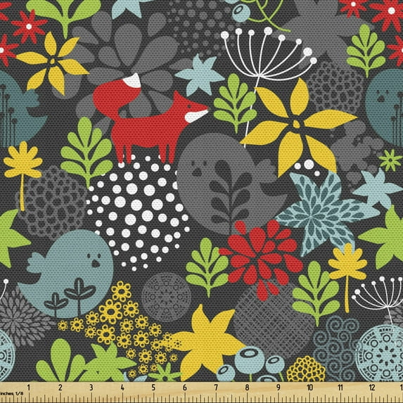 Autumn Fabric by the Yard, Fox Forest Friends Leaves Dotted Art Floral, Decorative Upholstery Fabric for Sofas and Home Accents, Multicolor by Ambesonne