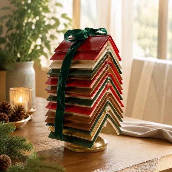 Vintage Stacked Book Christmas Tree with Ribbon, Resin Holiday Tabletop Figurine and Bookworm Collectible Decor