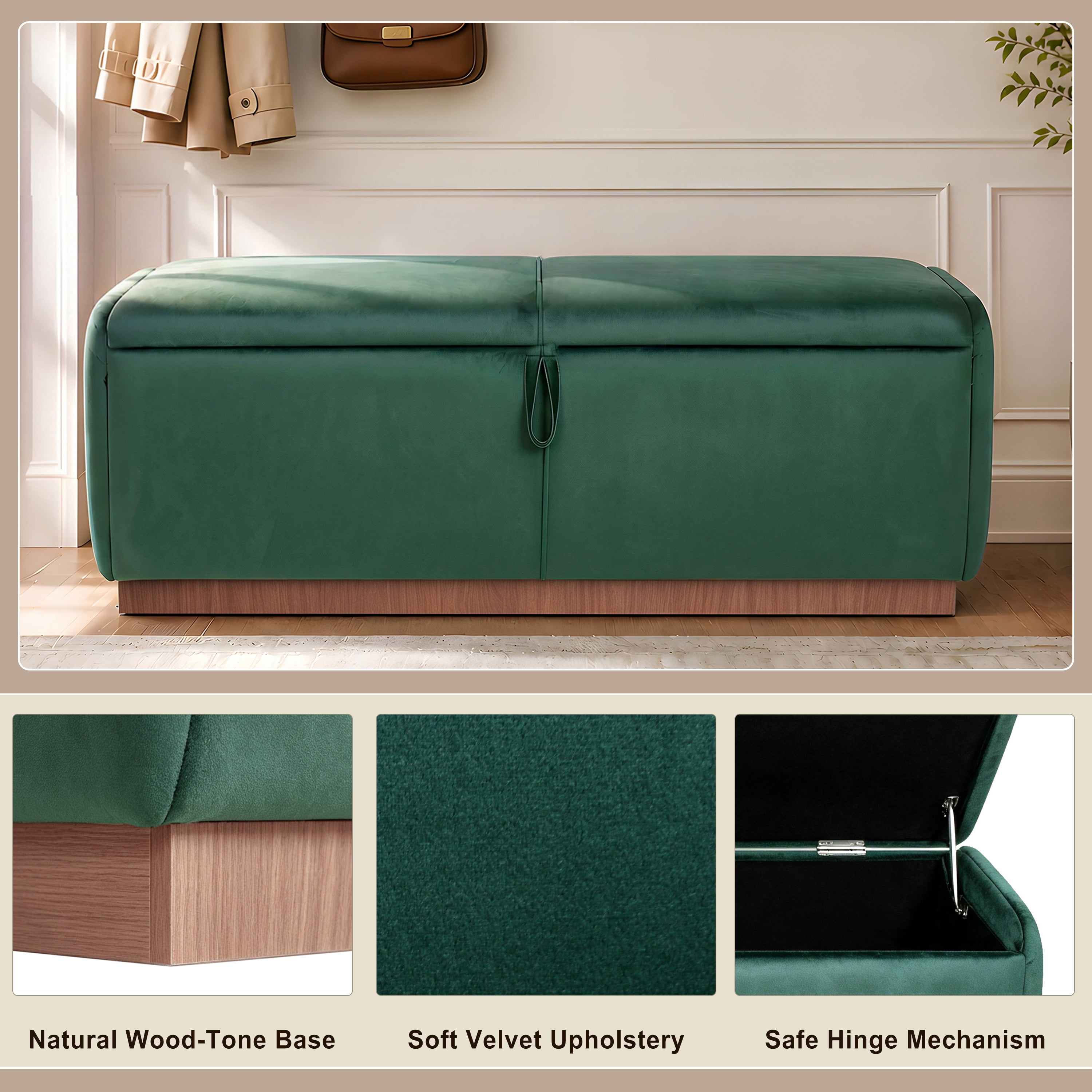 Euroco 47.2" Storage Ottoman Bench,Upholstered Footrest Entryway Bench, End of Bed Bench for Living Room Bedroom,Green