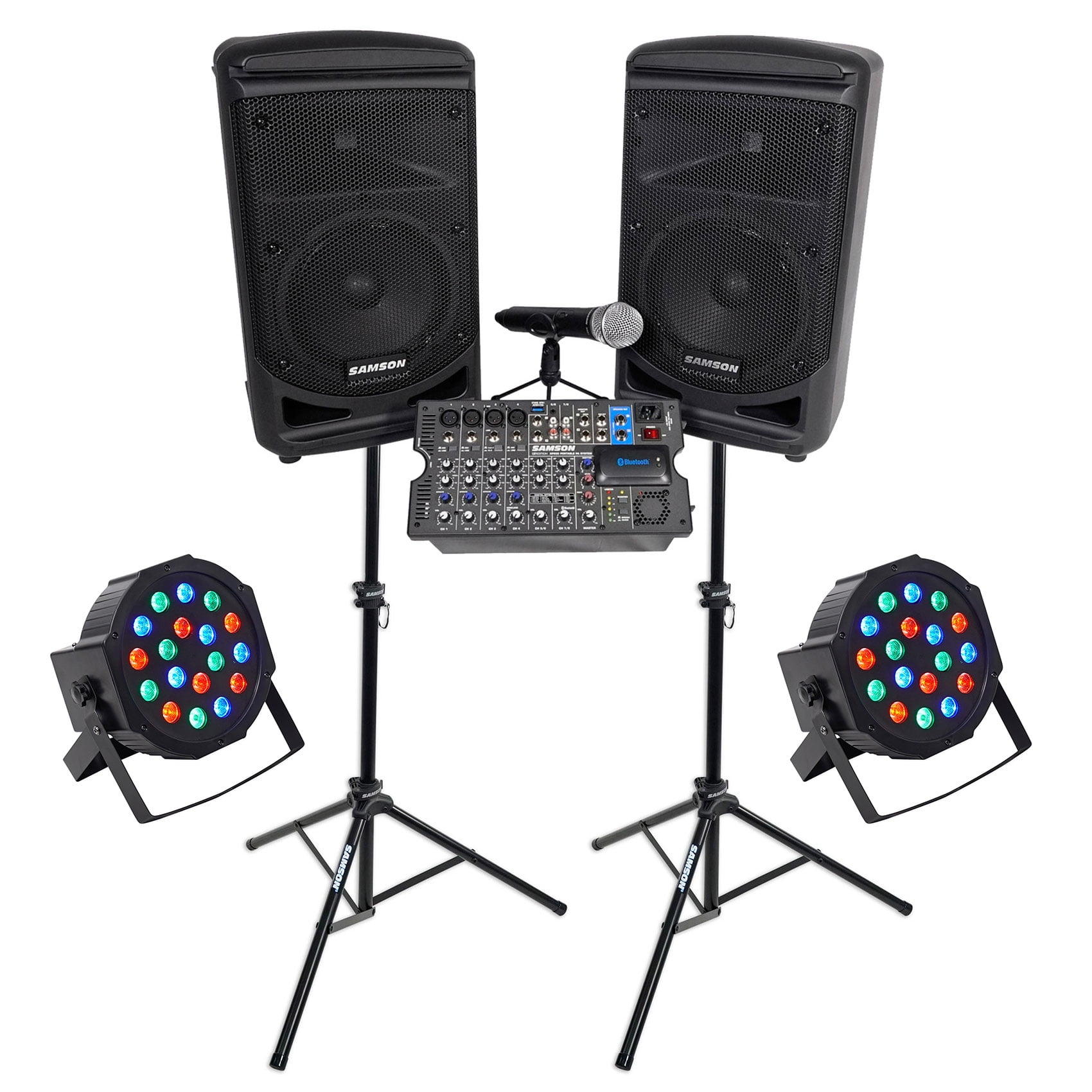 Samson Expedition XP800W 8" Portable PA DJ Speaker+Mixer+Mic+Stands+Par