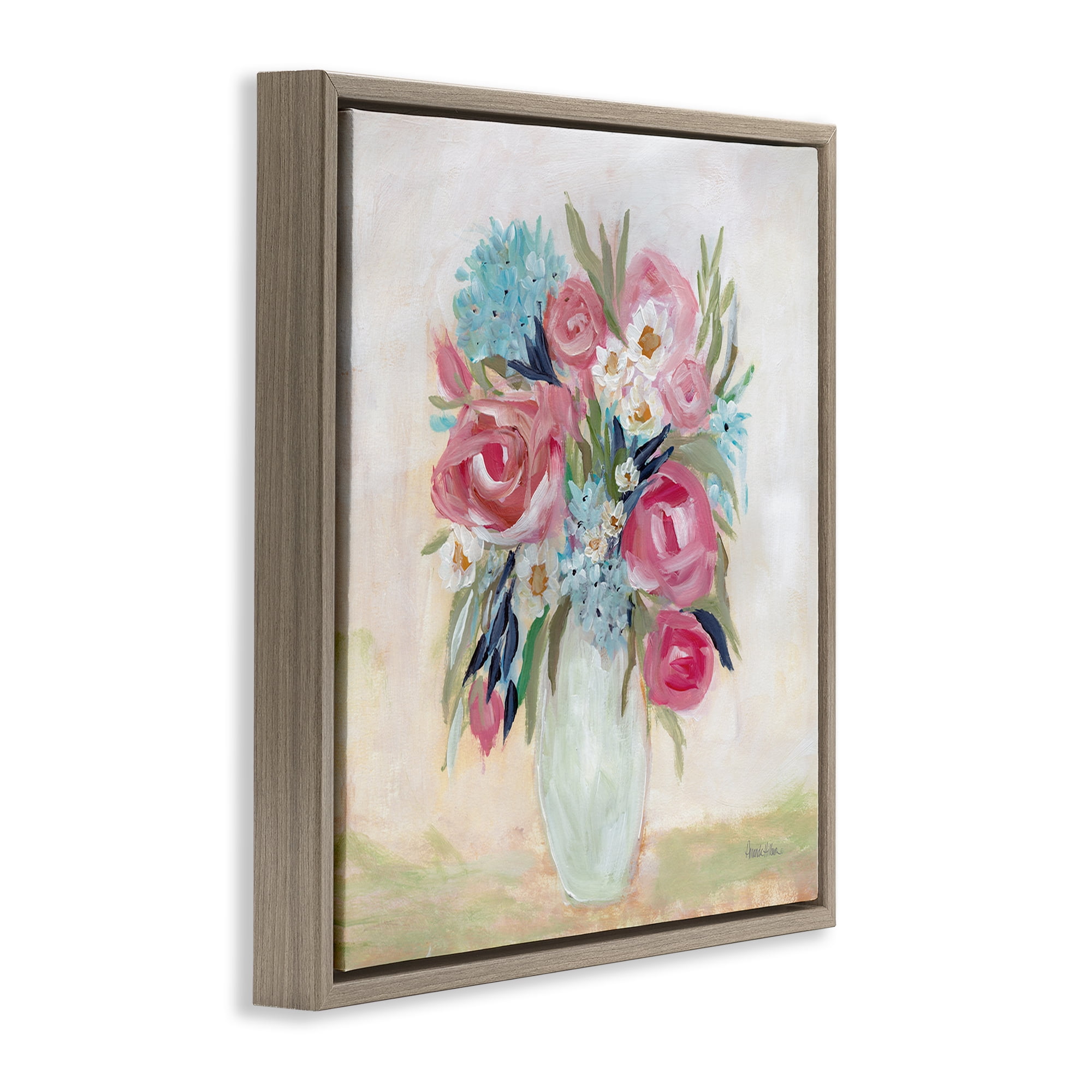 Stupell Industries Drooping Pink Roses Plants & Flowers Painting Brown Floater Framed Canvas Art Print Wall Art, 18 x 18