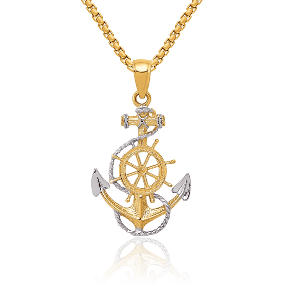 10K Solid Yellow Gold Anchor Mariner Rope Necklace Nautical Charm Pendant
