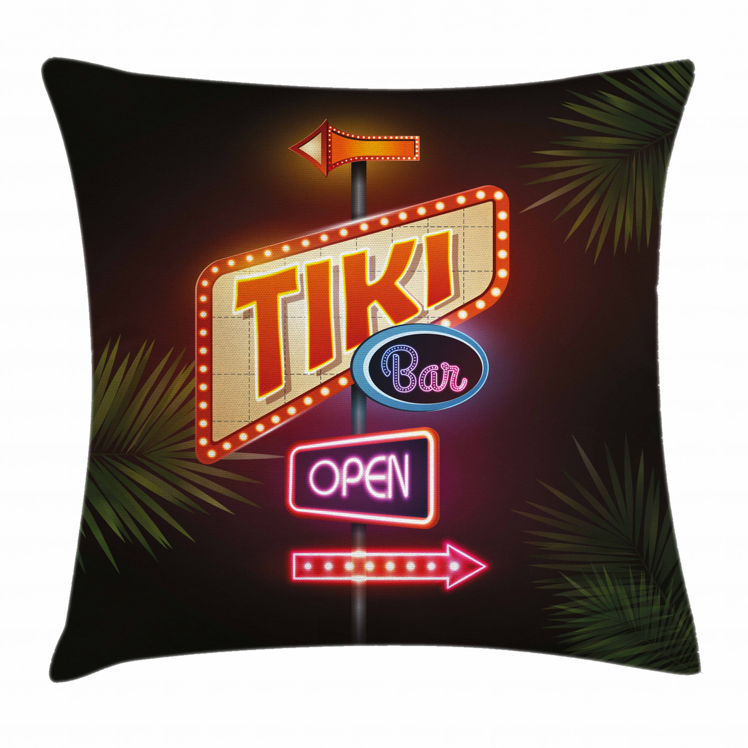 Tiki Bar Decor Throw Pillow Cushion Cover, Old Fashioned Neon Signs Illustration Open Bar Palm Tree Branches Roadside, Decorative Square Accent Pillow Case, 16 X 16 Inches, Multicolor, by Ambesonne - image 1 of 2
