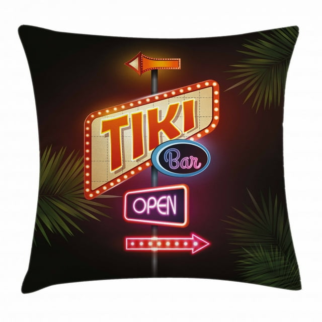 Tiki Bar Decor Throw Pillow Cushion Cover, Old Fashioned Neon Signs Illustration Open Bar Palm Tree Branches Roadside, Decorative Square Accent Pillow Case, 16 X 16 Inches, Multicolor, by Ambesonne
