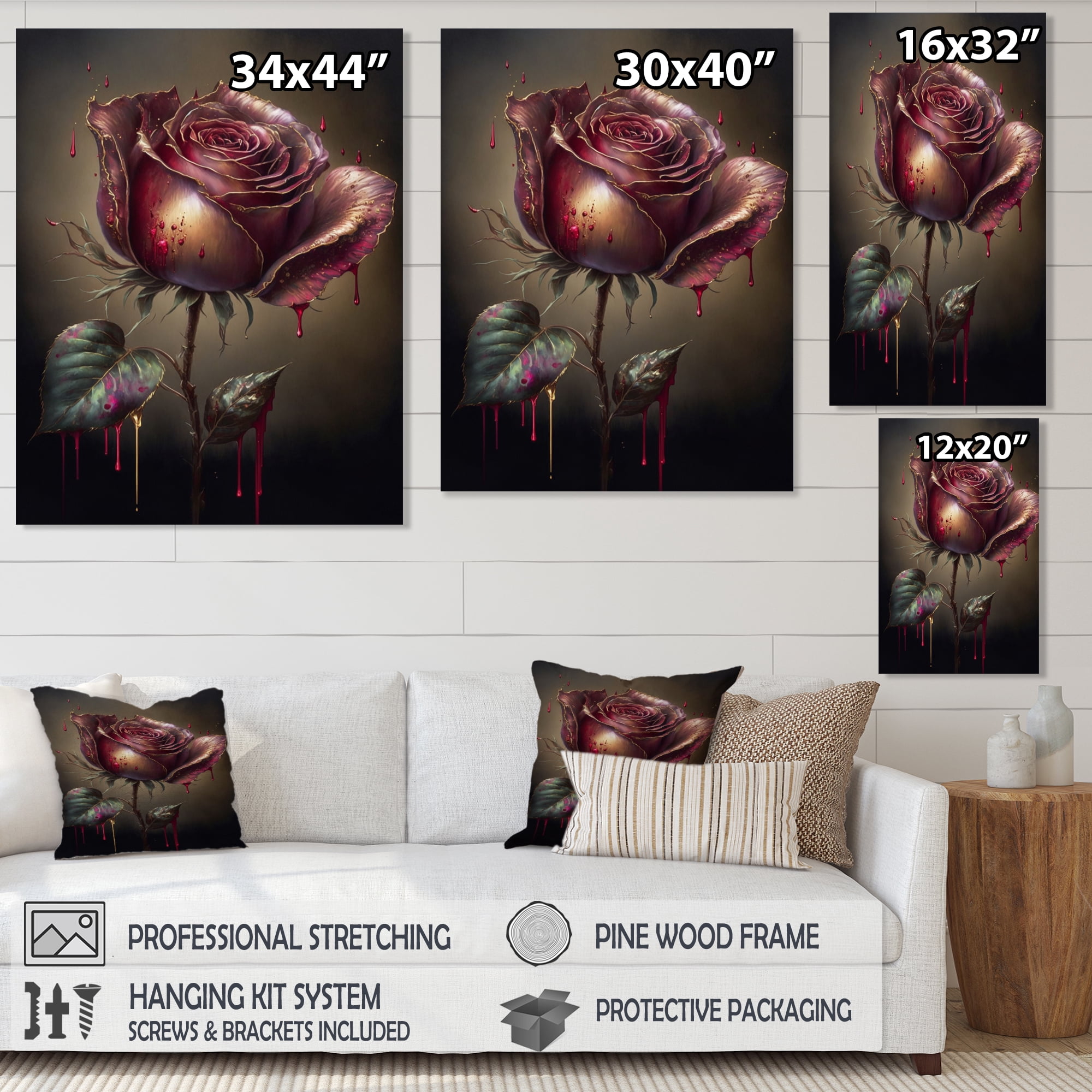 Designart Red Paint Drip Rose I Canvas Wall Art