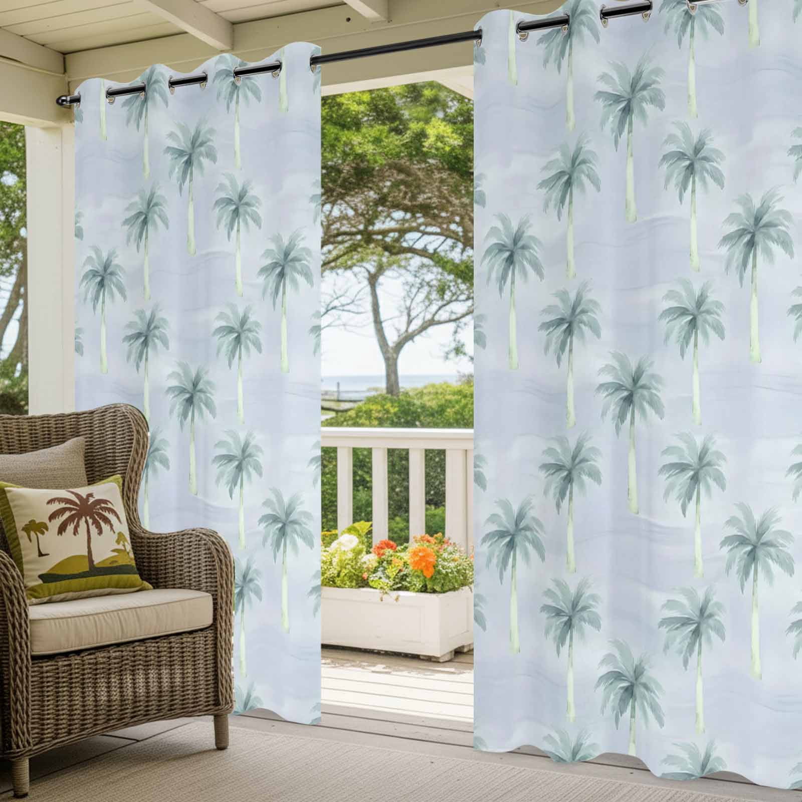 Palm Trees Outdoor Curtains for Patio, Summer Watercolor Tropical Tree Grey Blue Sunshade Privacy Drapes Grommet Waterproof Outside Curtains for Porch/Cabana/Balcony 54"x 108", 1 Panel