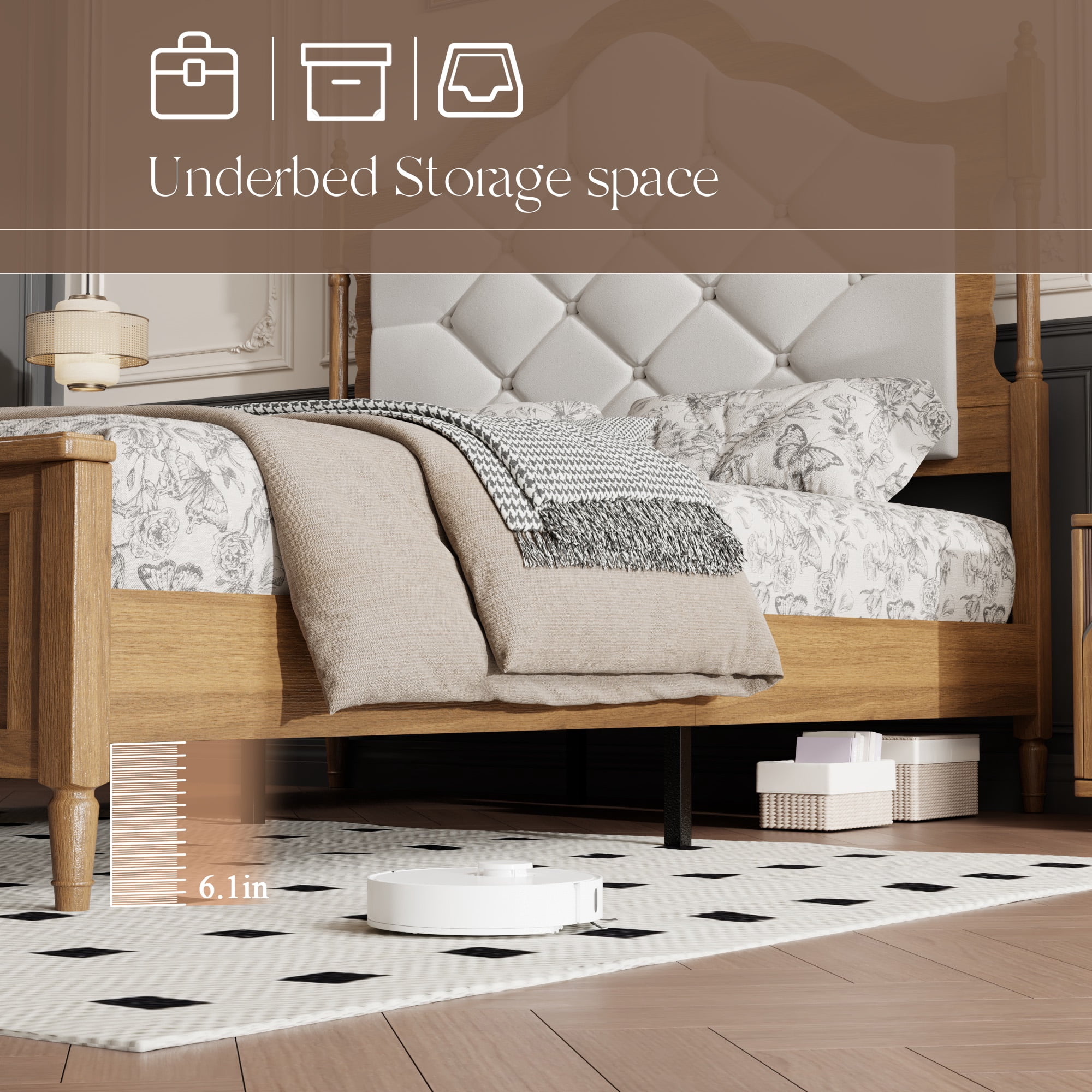 Miniyam Queen Size Farmhouse Upholstered Platform Bed Frame with Diamond Tufted Headboard, Brown Wood Finish