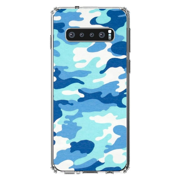 DistinctInk Clear Shockproof Hybrid Case for Samsung Galaxy S10 (6.1" Screen) - TPU Bumper, Acrylic Back, Tempered Glass Screen Protector - Blue White Camouflage - Camouflage Pattern