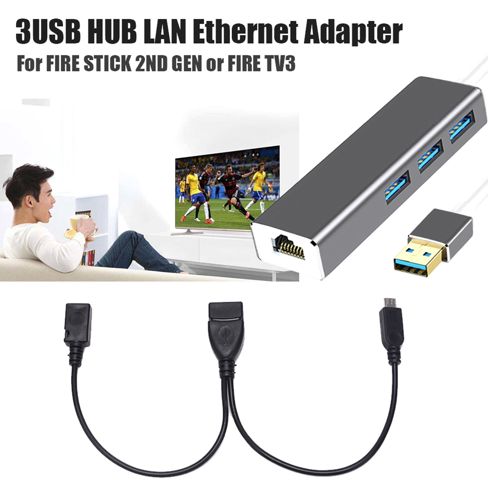 Windfall LAN Ethernet Adapter with 3 Ports USB OTG Hub for Streaming TV Stick Chromecast Home Mini Raspberry Pi Zero Powered Micro USB OTG Cable Included