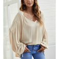 thumbnail image 2 of Blusa de ajuste casual con cuello en V y manga larga con cordón para mujer de moda para citas en la oficina Albaricoque S, 2 of 8