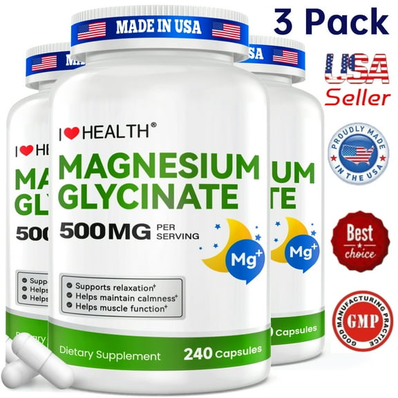 3 Pack Magnesium Glycinate 500 mg per serving, Magnesium Supplement for Muscle, Heart, Nerve and Bone Support, 240 Capsules