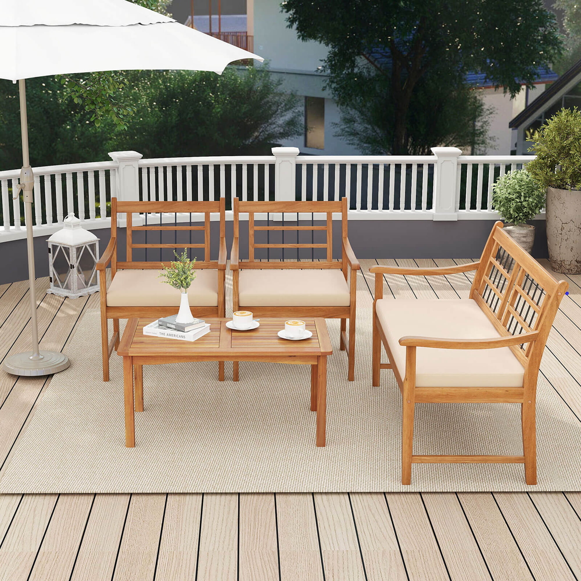 Costway 4 PCS Wood Patio Furniture Set with Soft Seat Cushions Solid Acacia Wood Frame Off White