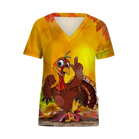 

Chiccall Womens Tops V-Neck Short Sleeve Nursing Uniform Workwear Thanksgiving Outfit Funny Turkey Printed Graphic Tees Blouse Scrubs Tops with Pockets on Clearance
