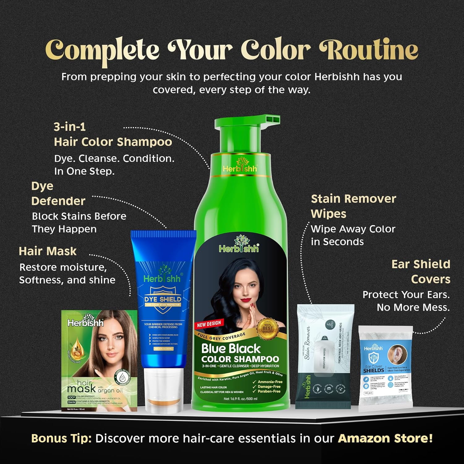 Herbishh Blue Black Hair Dye Shampoo 500ml, Color Shampoo for Grey Hair, 3-in-1 Natural Hair Dye, Ammonia-Free Formula, Hair Color for Women & Men