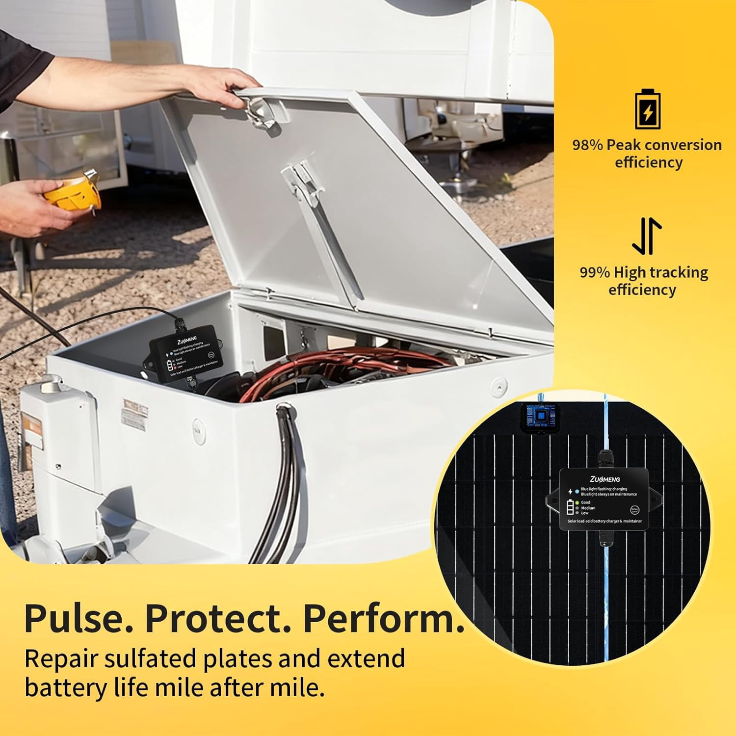 32W Solar Battery Charger, Zuomeng MPPT Solar Battery Maintainer & Solar Trickle Charger Kit with 32W High-Efficiency Solar Panel, Pulse Repair Solar Battery Charger