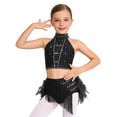 thumbnail image 2 of Doomiva Kids Girls Rhinestone Dance Crop Top and Tassel Feather Briefs Skirt 2 Piece Ballet Gym Latin Jazz Dance Outfit Black 14, 2 of 7