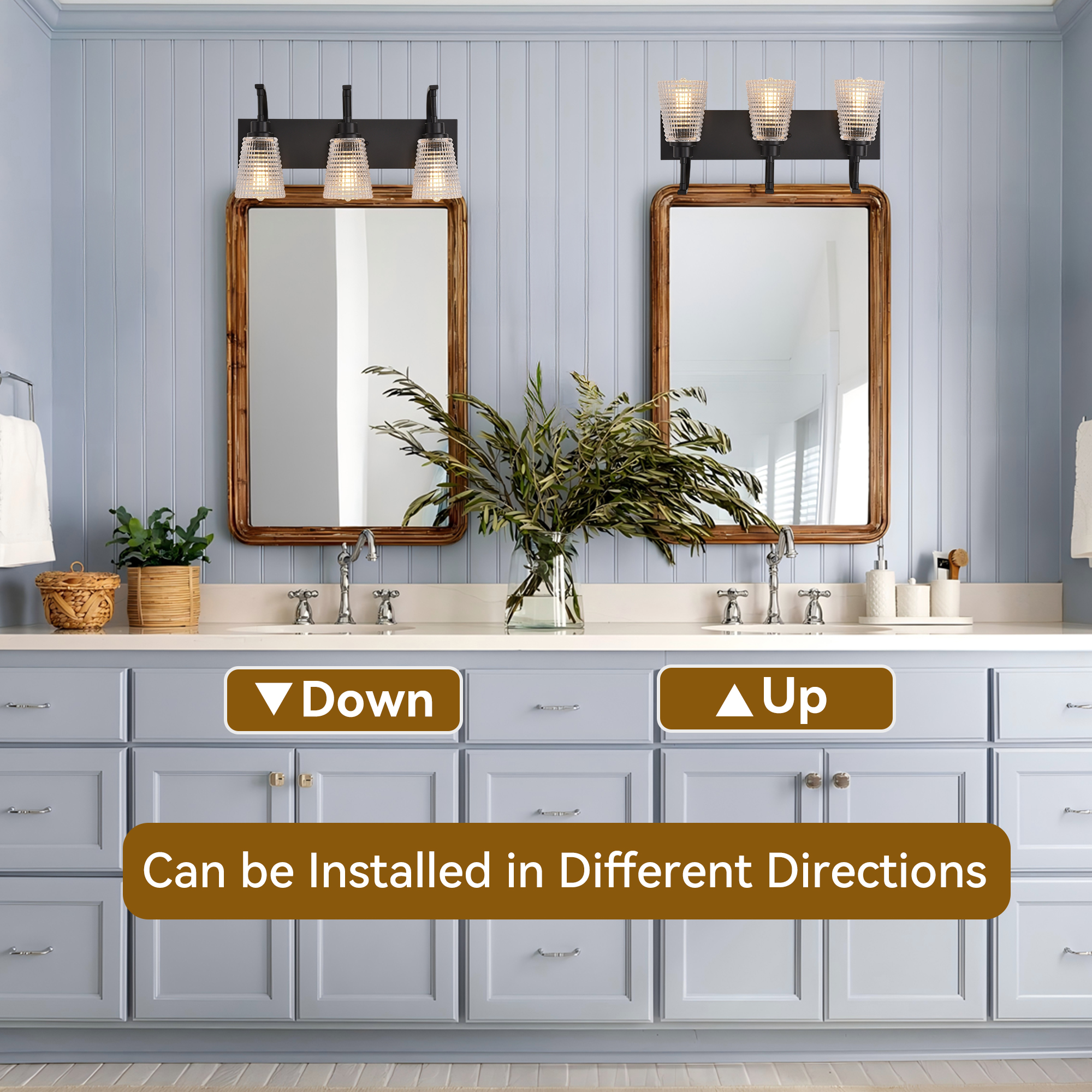 3-Light Matte Black Vanity Light, Modern Farmhouse Bathroom Light Fixture with Clear Rippled Glass Shades for Mirror, 20.86 Inch