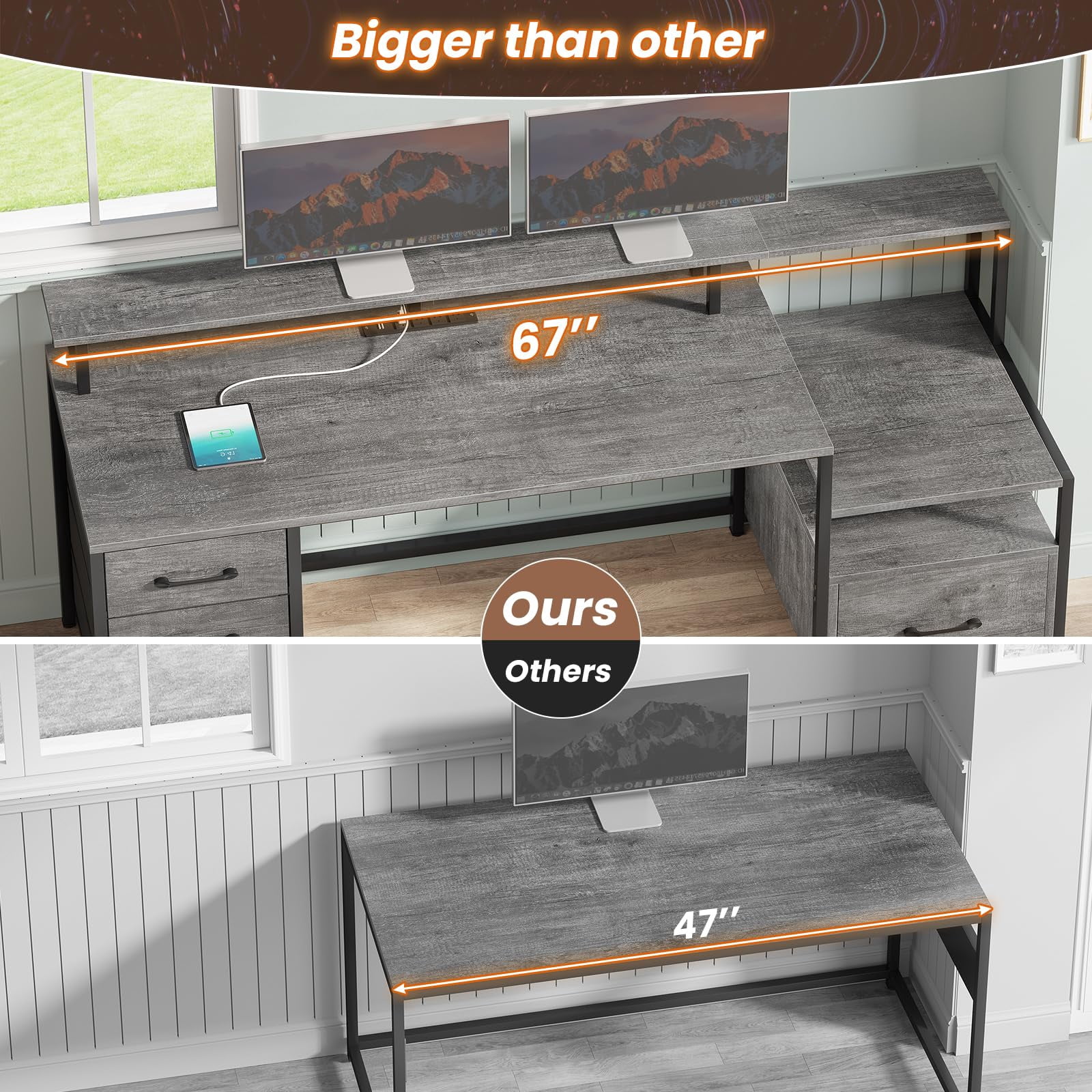 SEDETA Home Office Desk with LED Lights & Power Outlet, 66" Computer Desk with 5 Drawer and Storage Shelves, Gaming Desk with Printer Cabinet and Monitor Stand, Grey
