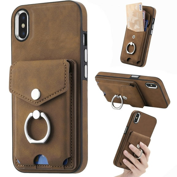 Compatible with iPhone XS Max Card Slot Back Case, 360 Degree Rotatable Ring Stand Plating Button PU Leather Support Magnetic Car Mount Phone Case Cover for iPhone XS Max, Brown