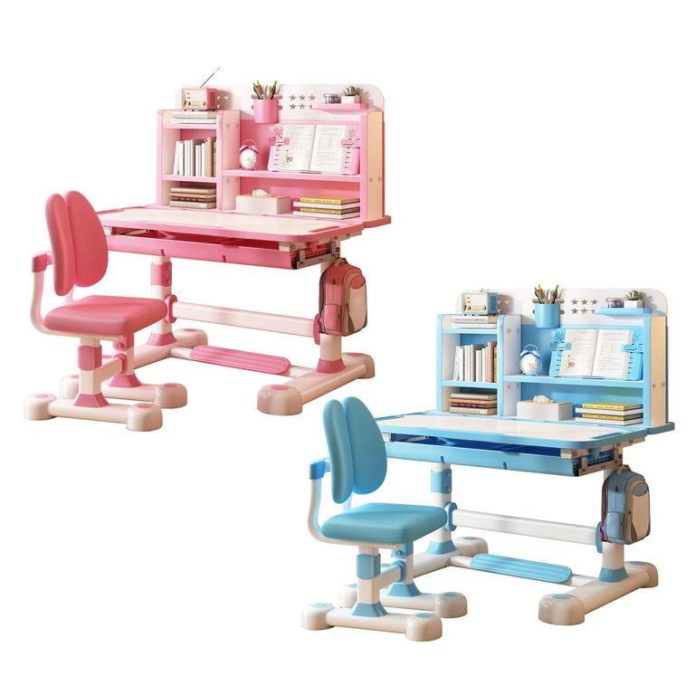 Functional Desk and Chair Set, Ergonomic Height Adjustable Children School Study Desk with Tilt Desktop, Book Stand, Bookshelf, Metal Hook and Storage Drawer for Boys Girls 3-12 Years Old (Pink #2)