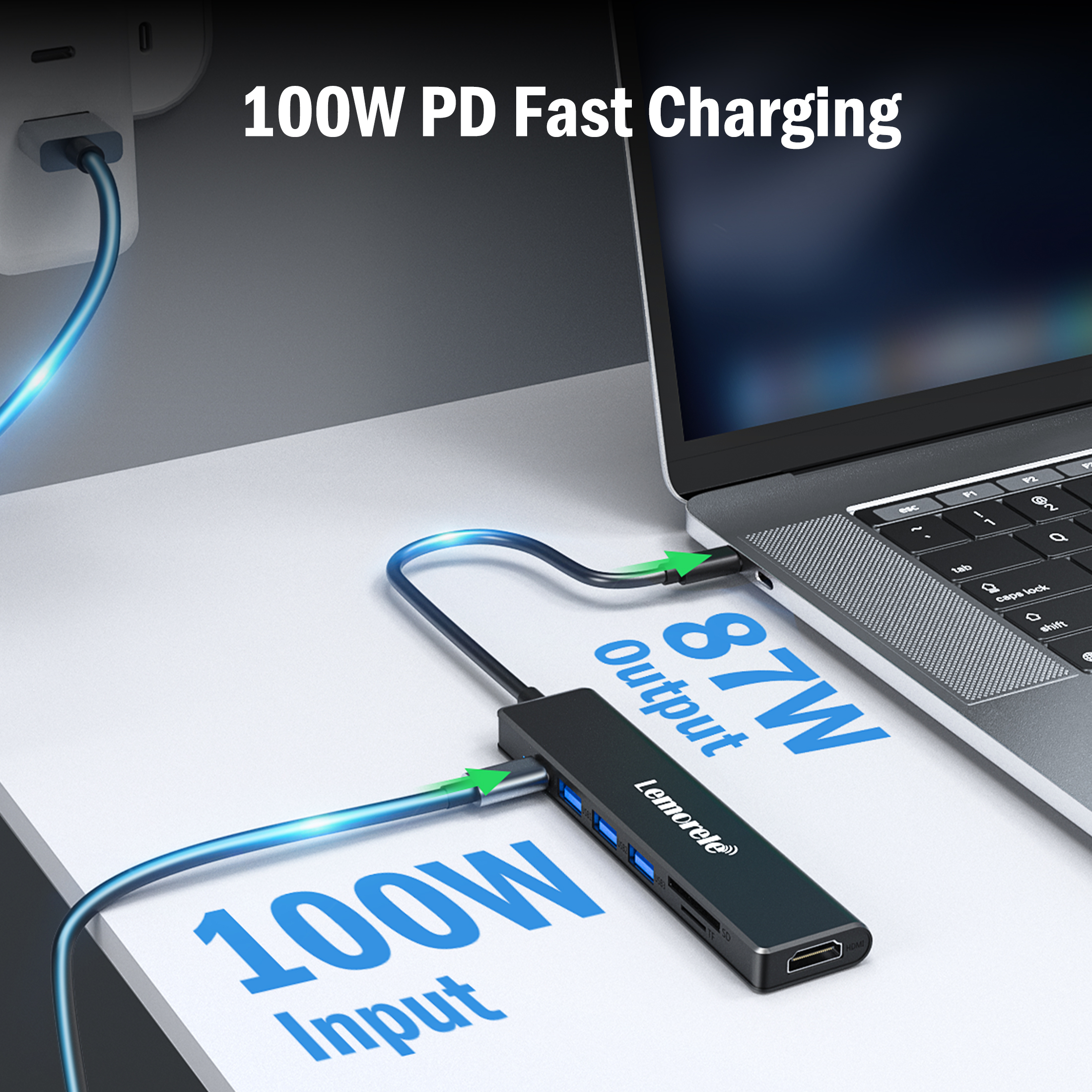 Lemorele USB C 7-in-1 Docking Station with 4K HDMI, USB 3.0, SD/TF Card Slot,  100W Fast Charging Adapter