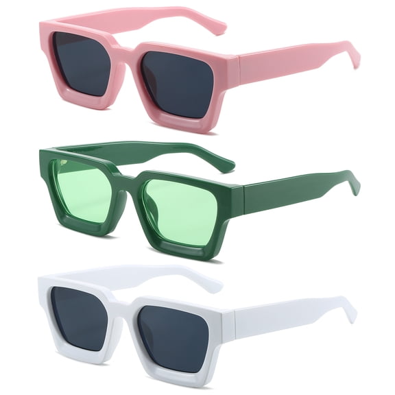 REAVEE 3 Pack Square Sunglasses for Women Men Square Thick Frame Sun Glasses Simple Designer Style Pink Green White