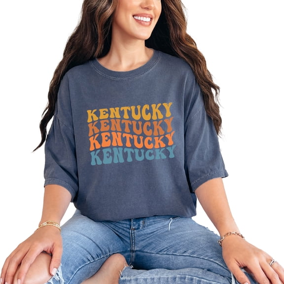 Kentucky, US State Themed, Groovy Retro Wavy Text, Denim Comfort Colors T-Shirt, Small