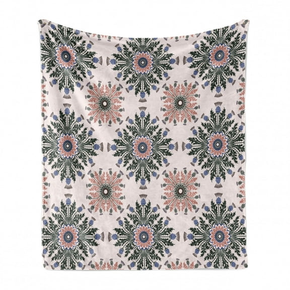 Thistle Soft Flannel Fleece Throw Blanket, Colorful Ornament of Thistle Flowers with Curved Leaves and Stems Print, Cozy Plush for Indoor and Outdoor Use, 50" x 60", Multicolor, by Ambesonne