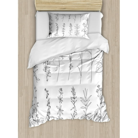 Modern Floral Duvet Cover Set Twin Size, Hand Drawn Like Monochrome Sketch of Wild Herbs on Plain Backdrop, Decorative 2 Piece Bedding Set with 1 Pillow Sham, White Charcoal Grey, by Ambesonne