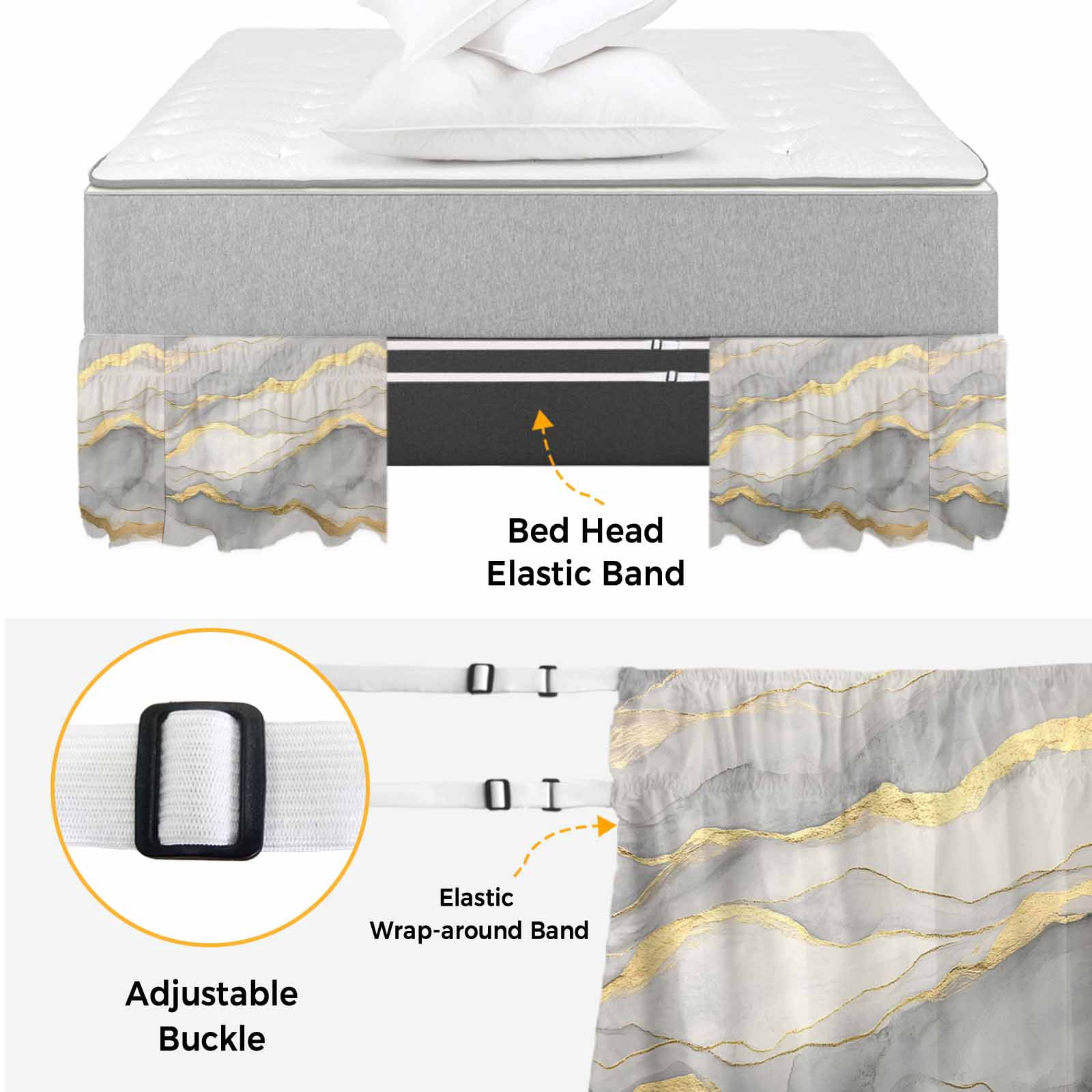 Marble Grey Bed Skirt Queen Size, Modern Gold Luxury Neutral Texture Wrap Around Bed Skirting with Adjustable Elastic Strap, Dust Ruffle Pleated Bedskirts 16 Inch Drop for Bedroom Queen Beds