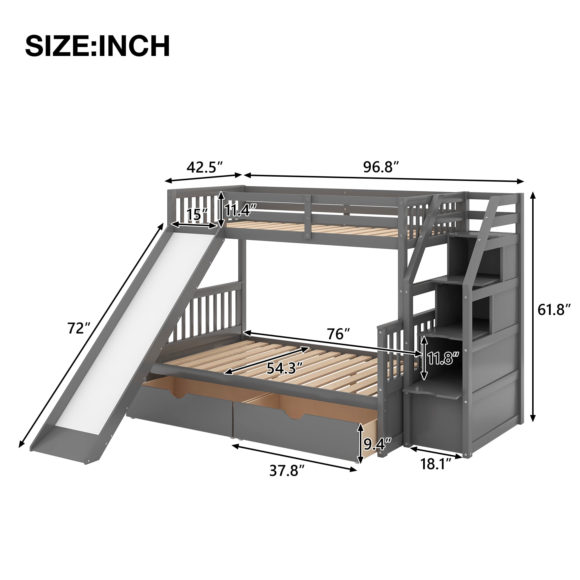 Euroco Wood Twin over Full Bunk with Drawers and Slide, Storage Staircase for Kids Teen Adults, Gray