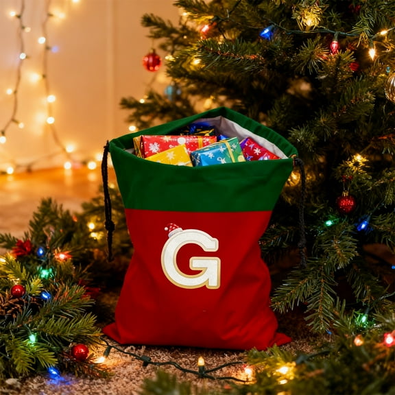 Chanana 15 x 12.2 Inch Christmas Gift Bag, Extra Large Reusable Personalized Monogram Letter Santa Sack with Drawstring for Xmas Party Decorations, Green and Red,G