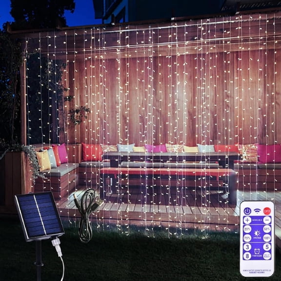 300LED Solar Curtain Lights USB & Solar Dual Powered 8 Modes Fairy Curtain String Lights Waterproof Twinkle Lights for Home Indoor Outdoor Use Garden Patio Gazebo (Warm White)