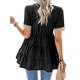 thumbnail image 5 of HUBERY Women Contrast Color V Neck Hollow Out Short Sleeve Ruched Hem Top, 5 of 7