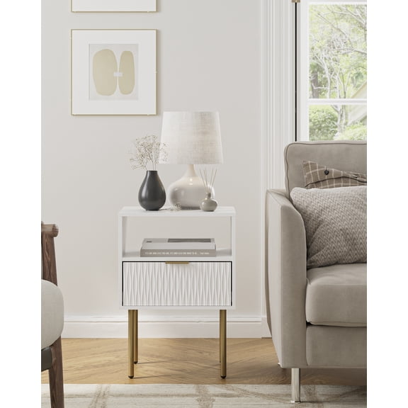 Gold Frame Bedside Table with Drawer Storage, Compact Nightstand Furniture, Stylish Side End Table for Bedroom Living Room