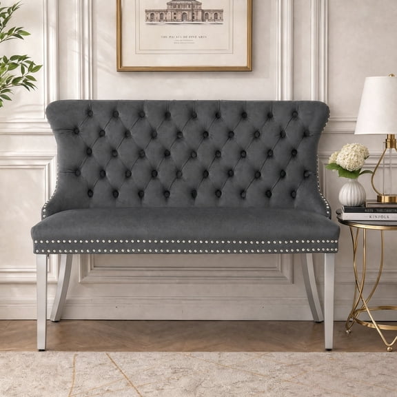 HUMEHA 45.6" Velvet Dining Loveseat Bench, Tufted Wing Back with Silver Stainless Steel Legs, Mid-Century 2-Seat for Dining Room, Gray