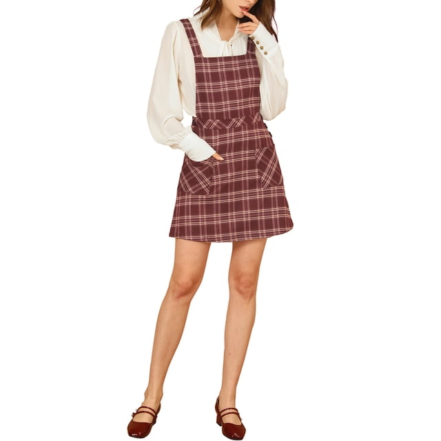 Vestido de tirantes A-Line con botones decorativos de cuadros para mujer Chic L Burdeos