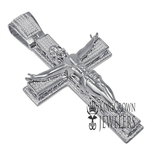 Mens Big XL 3.5'' Real 14K White Gold On Sterling Silver Jesus Crucifix Cross Charm Simulated Diamond Custom Pendent