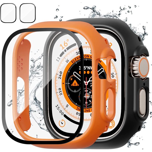 2+2 Pack Case for Apple Watch 49mm Screen Protector, 2 Hard PC Protective Bumper Case + 2 HD Tempered Glass Screen Protector Film Cover for iwatch 49mm Accessories,Orange+Black
