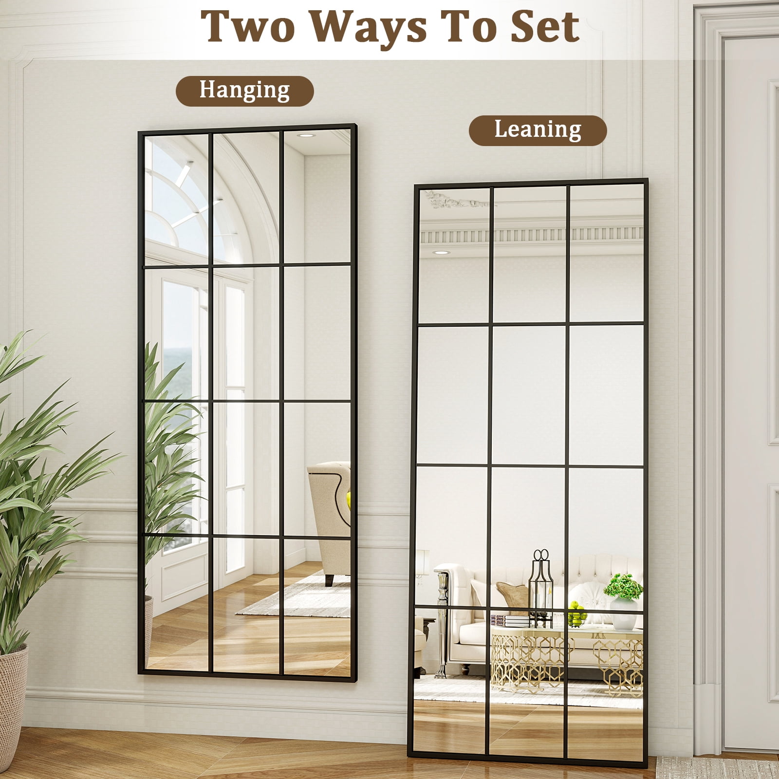 AUROMIR 69"x25" Rectangle Full Length Mirror Window Pane Wall Mirror With Metal Frame, Black