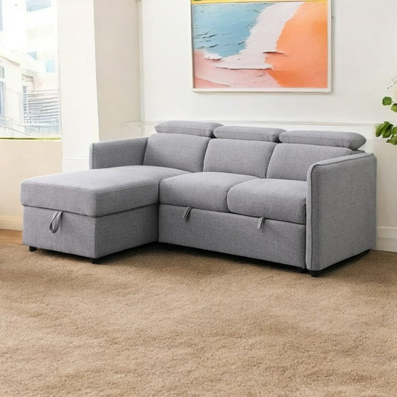 Cosmic Homes Sectional Sleeper Sofa Bed with Adjustable Headrests and Storage Chaise, Grey
