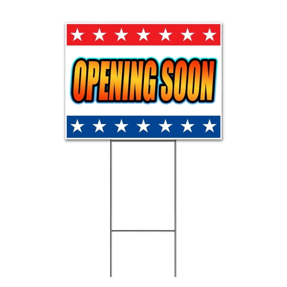 Opening Soon Stars Stripes (18" x 24") Yard Sign, Includes Metal Step Stake